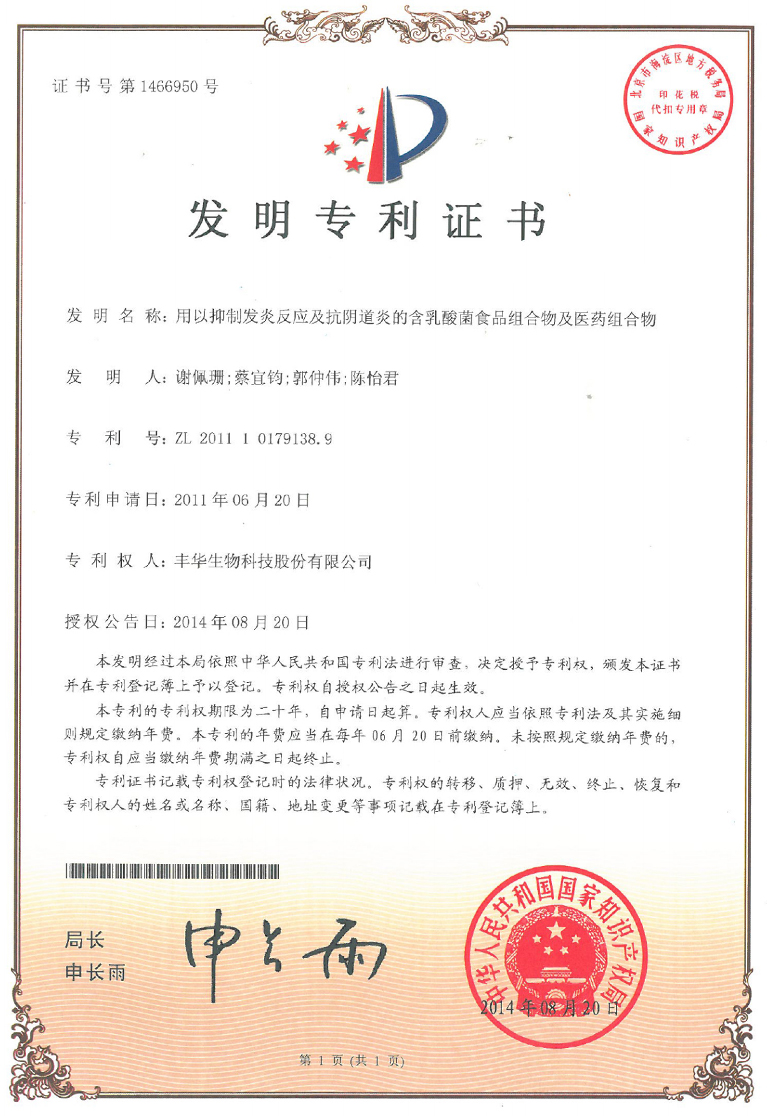 抑制發炎反應及抗陰道炎的乳酸菌食藥品專利